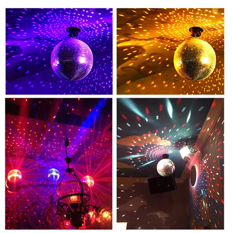 8 Inch Hanging Disco Ball For Party Wedding Holiday Or Home Decor With Tiny Mirror Squares reflects colorful lights in various settings.