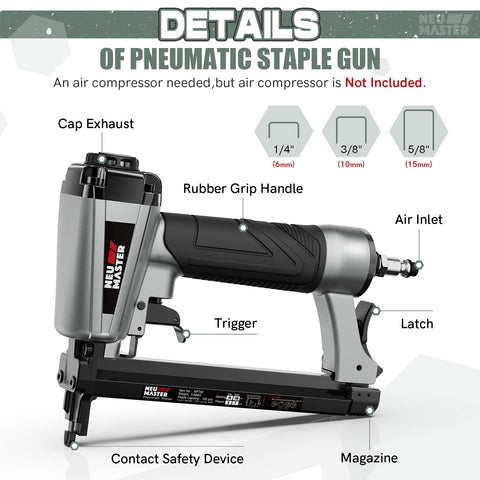 Pro Grade Air Powered 20 Gauge Upholstery Stapler With 1500 Pcs T50 Staples In 1/4, 3/8, And 5/8 Inch, Requires Air Compressor