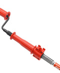 Close-up of red handle and telescoping mechanism of Hybrid Urinal And Shower Drain Auger With K-1 Cutter Head For Sinks And Urinals
