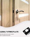 Stainless Steel Door Strike Plate Black For Exterior Doors Beefed Up Deadbolt Reinforcement And Adjustable Latch Restorer Easy Install Home Security Upgrade installed on wooden door showcasing handle and lock area.