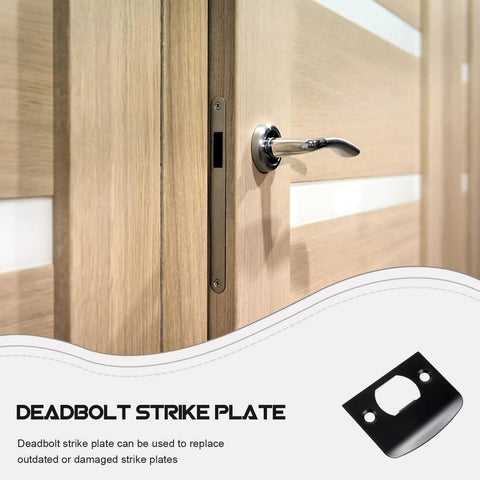 Stainless Steel Door Strike Plate Black For Exterior Doors Beefed Up Deadbolt Reinforcement And Adjustable Latch Restorer Easy Install Home Security Upgrade installed on wooden door showcasing handle and lock area.