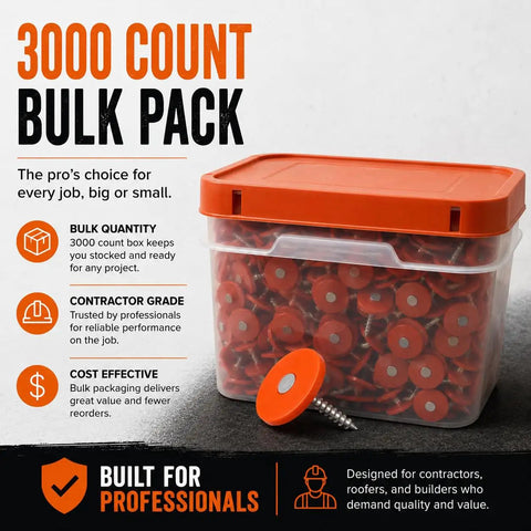 3000 count bulk pack of Badass One Inch Plastic Cap Nails Providing Lock Tight Ring Shank Grip Electro Galvanized Steel Roofing Fasteners.