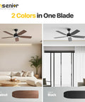 52 Inch Ceiling Fan With Light And Remote, Whisper Quiet DC Motor, Reversible For Year Round Comfort, 6 Speeds, dual finish blades in walnut and black in living room.