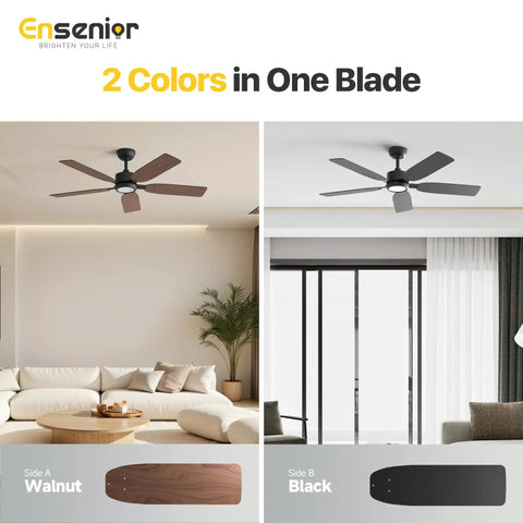 52 Inch Ceiling Fan With Light And Remote, Whisper Quiet DC Motor, Reversible For Year Round Comfort, 6 Speeds, dual finish blades in walnut and black in living room.