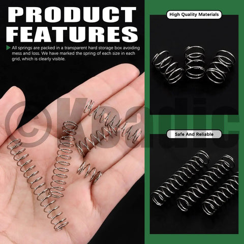 Mini Stainless Steel Extension Springs Kit 100 Piece Multipack with 8mm Outer Diameter displayed in hand and on table