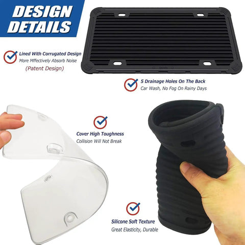 Design details of Clear Bubble License Plate Cover with Silicone Frame showcasing toughness and soft texture with drainage holes