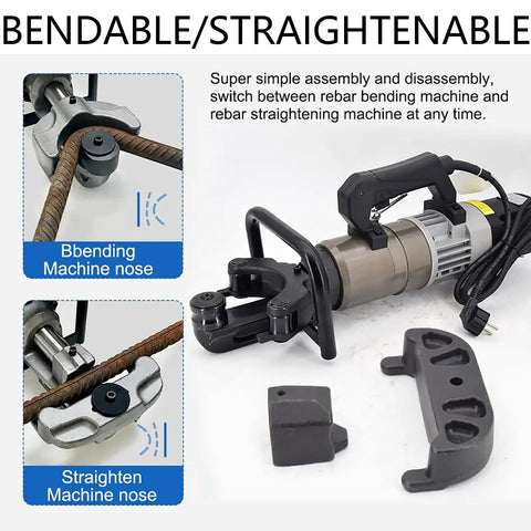 1800W Industrial Electric Rebar Bender With Hydraulic System For Precision Bending Steel Rods And Bars Up To 32Mm Fast Heavy Duty power tool showing bending and straightening machine noses.