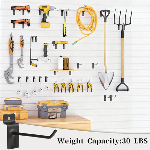 10 Pack 4 Inch J Shaped Slat Wall Hooks For Slatwall Panels, Heavy Duty Garage Shop Display Hooks, Black Finish, holding tools