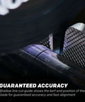 Pro Grade 14 Inch Cold Cut Miter Chop Saw shows shadow line cut guide for accurate cuts on steel and iron, guaranteeing precision.