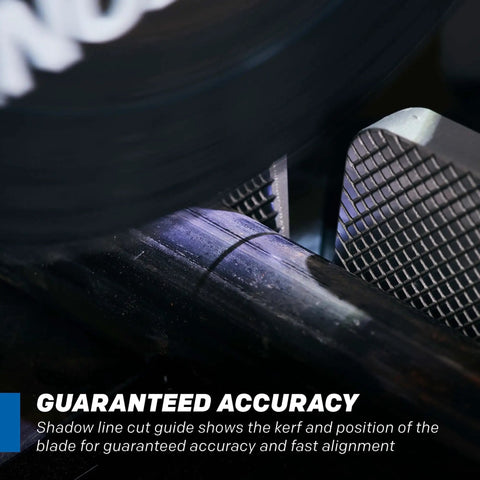 Pro Grade 14 Inch Cold Cut Miter Chop Saw shows shadow line cut guide for accurate cuts on steel and iron, guaranteeing precision.