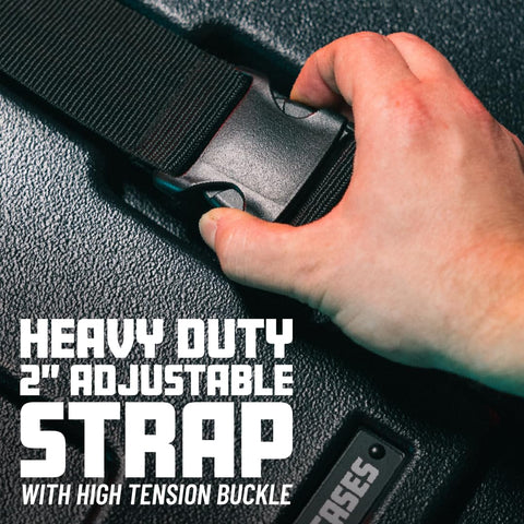 Close-up of a hand gripping a heavy duty 2 inch adjustable strap with high tension buckle on a drum case.