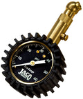 Front view of JACO Elite Tire Pressure Gauge, brass body with black protective guard, reads up to 60 psi