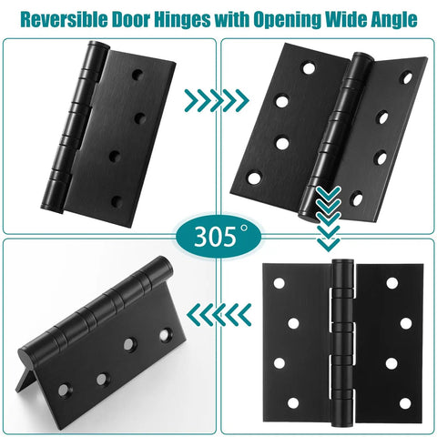 18 Pack Built Tough Exterior Door Hinges, 4 X 4 Inch Ball Bearing Leaves for Heavy Wood Doors shown from various angles.