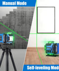 Pro Grade Laser Level With Tripod And Outdoor Receiver, 4x360 Degree Green Lines, Self Leveling To 165 Ft, 16 Ultra Bright Lines, Built Tough For Outdoors, Dual 4800mAh Rechargeable Batteries, Perfect For DIYers And Home Projects, manual and self-leveling modes