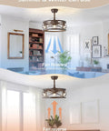 Metnaour 20 Inch Fandelier Caged Ceiling Fan with Lights and Remote, Rustic Farmhouse Bladeless Ceiling Fan in reverse mode.