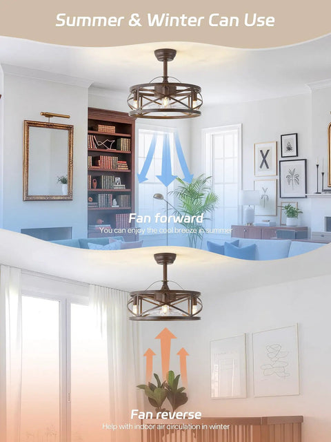Metnaour 20 Inch Fandelier Caged Ceiling Fan with Lights and Remote, Rustic Farmhouse Bladeless Ceiling Fan in reverse mode.