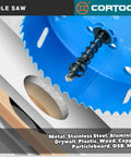 Front view of blue 3-inch hole saw with arbor and pilot bit for metal and wood cutting, Cortool