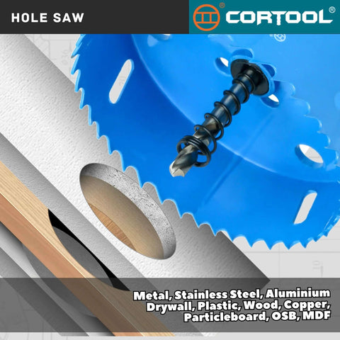 Front view of blue 3-inch hole saw with arbor and pilot bit for metal and wood cutting, Cortool