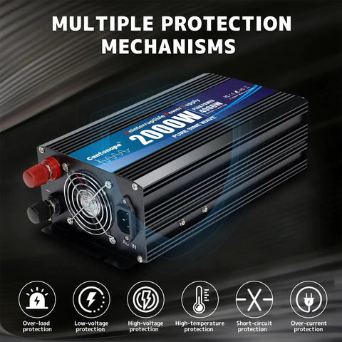 Side view of 2000W Sump Pump Backup Battery System With Automatic Switching To Battery Inverter Power, Pure Sine Wave Output, LED Display, 3 AC Outlets, Continuous Power During Outages, Professional Grade Safety and Reliability