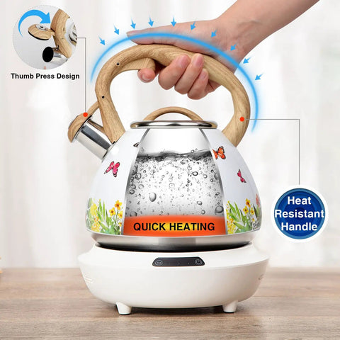 Stovetop Tea Kettle With Wood Pattern Handle, Loud Whistle, 2.7 Quart Food Grade Stainless Steel Pot For Induction And Gas Stoves