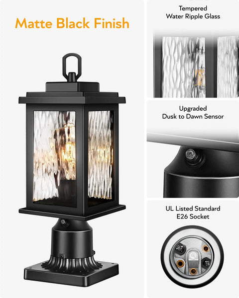 Two Pack Dusk To Dawn Outdoor Post Light Fixtures With Pier Mount Base Built Tough Waterproof Aluminum Black Lanterns With Tempered Glass