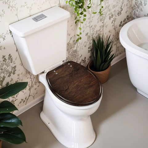 Generic Toilet Seat Replacement Round Slow Quiet Close Resin Wood Bathroom on a white toilet with a wooden finish.