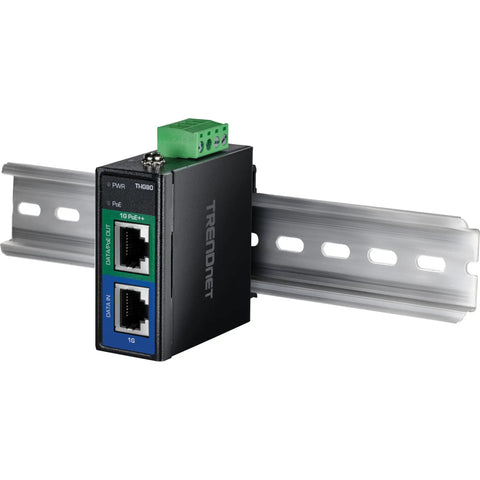 Heavy Duty 95 Watt Gigabit PoE Plus Plus Injector Rock Solid Power Over Ethernet Adapter For Industrial Jobs Straight Up Government Approved Gear With Four Pin Terminal Block And Crisp Led Indicators mounted on metal rail.