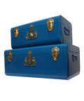 Two Dope Vintage Style Metal Storage Trunks With Gold Handles And Locks, Space Saving Organizer For Home Dorm And Office, Retro Chest Set