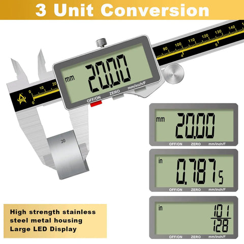 Pro Grade Digital Caliper 0 To 6 Inch Electronic Micrometer With Large LCD Screen For Engineers And Carpenters Metal Body Inch Fraction Millimeter Auto Off High Precision Capacitive Measurement showing 3 unit conversion