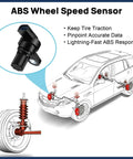 ABS Wheel Speed Sensor mounted on vehicle with surrounding brake components. Rear Center Abs Wheel Speed Sensor No Sweat Swap Direct Oe Fit Plug And Play For Ford F150 F250 F350 Explorer Dodge Ram Jeep Wrangler Gmc Sierra Chevy Silverado Anti Lock Brake Restoration Straight Bolt On Setup.
