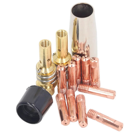 Pro Grade MIG Welding Accessory Kit 14 Piece Red Copper Torch Tips, Gas Nozzles, and Connecting Rod Covers for 15AK MIG MAG Torches