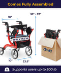 Heavy Duty Dual Function Rollator And Compact Transport Wheelchair In Vibrant Red Featuring Rapid Adjust Backrest No Fuss Fold For Smooth Street Cruising and Dependable Rolling Comfort Daily dimensions with packaging.