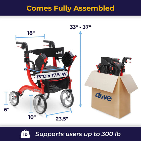 Heavy Duty Dual Function Rollator And Compact Transport Wheelchair In Vibrant Red Featuring Rapid Adjust Backrest No Fuss Fold For Smooth Street Cruising and Dependable Rolling Comfort Daily dimensions with packaging.