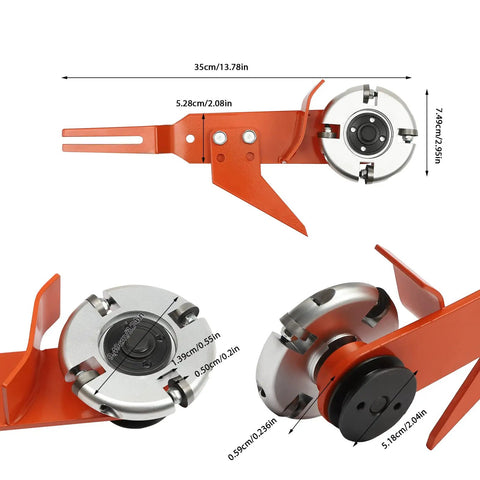Knockout Chainsaw Mill Attachment And Log Debarker Peeler Featuring Four Heavy Duty Blades for precise wood milling with dimensions shown.