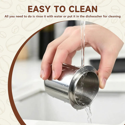 Hand rinsing Stainless Steel 51mm Coffee Dosing Cup For Espresso Machines under running water