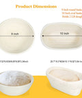 Top view of Banneton Bread Proofing Basket Set With Liners, 9 Inch Round and 10 Inch Oval, showing dimensions and dough inside.