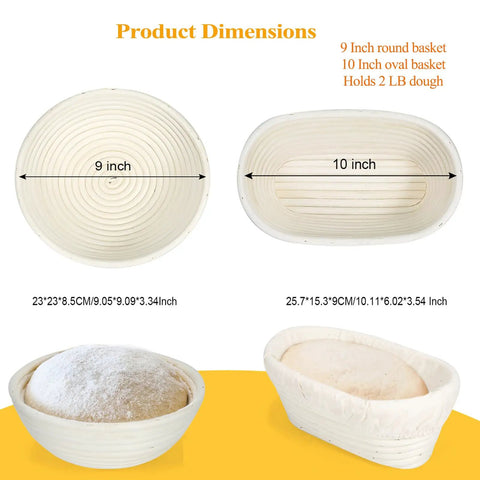 Top view of Banneton Bread Proofing Basket Set With Liners, 9 Inch Round and 10 Inch Oval, showing dimensions and dough inside.