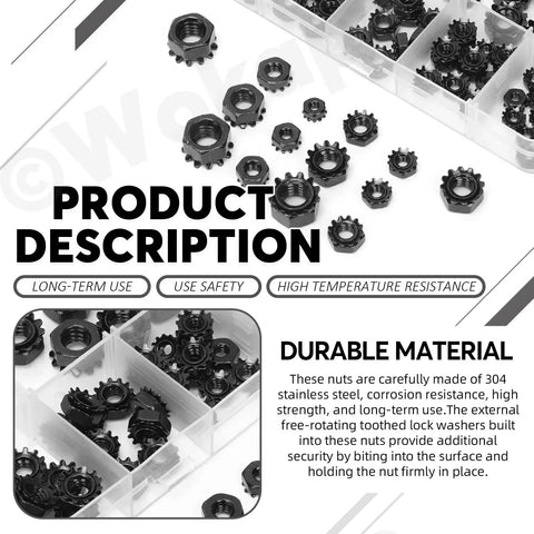 Assorted 75 Piece Stainless Steel K Lock Nuts Set With Tooth Washers Black Finish SAE Lock Nuts 304 Stainless Handy Hardware Kit