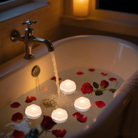 7 Piece Battery Operated Flameless LED Candles With Remote Timer, Waterproof Indoor Outdoor in bath with rose petals