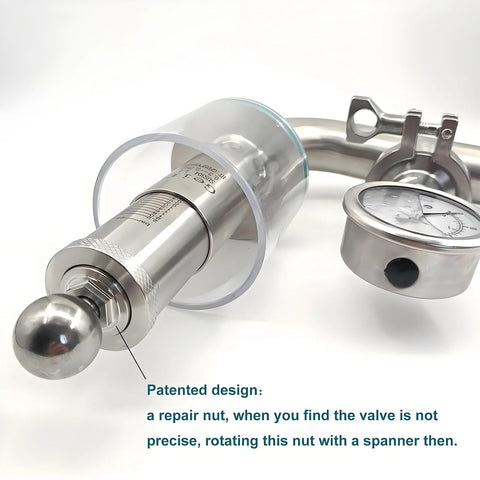 Geife 1.5-inch tri-clamp spunding valve, SS304 stainless steel, with TC diaphragm pressure gauge (side view)