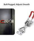 Three Piece Adjustable Toggle Latch 4001 Quick Release Clamp with red handle mounted on black surface, zinc galvanized.