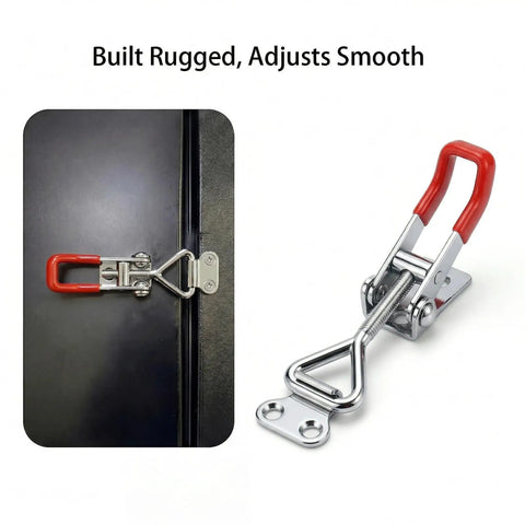 Three Piece Adjustable Toggle Latch 4001 Quick Release Clamp with red handle mounted on black surface, zinc galvanized.