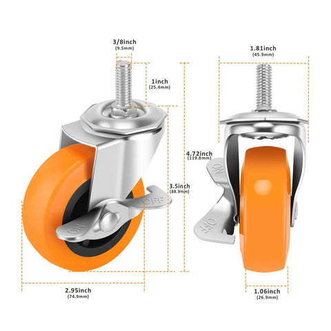 Front and side view of 3-inch polyurethane locking caster wheels with brakes, threaded 3/8-16 x 1 in, set of 4