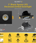 3 Inch LED Gimbal Recessed Lights Black Square Finish With 5CCT 2700K To 5000K 8W 600 Lumens IC Rated Wet Rated Dimmable Canless Adjustable Recessed Ceiling Lighting 120V 4 Pack features with specifications display, including rotation lens and dimensions.