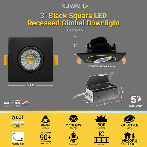 3 Inch LED Gimbal Recessed Lights Black Square Finish With 5CCT 2700K To 5000K 8W 600 Lumens IC Rated Wet Rated Dimmable Canless Adjustable Recessed Ceiling Lighting 120V 4 Pack features with specifications display, including rotation lens and dimensions.