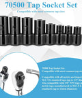 Image of Tap Socket Set Eight Piece For Auto Shop Pros, Fits Quarter Inch And Three Eighth Inch Drive, displayed with taps and wrench.