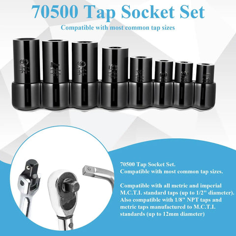 Image of Tap Socket Set Eight Piece For Auto Shop Pros, Fits Quarter Inch And Three Eighth Inch Drive, displayed with taps and wrench.