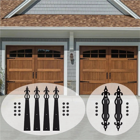 Vintage Door Handles And Hinge Set For Carriage House And Barn Doors Sliding Barn Door Hardware Kit Screw Mounted Includes 2 Handles And 4 Hinges Easy Install Universal Fit For Wood Panels shown on garage doors.