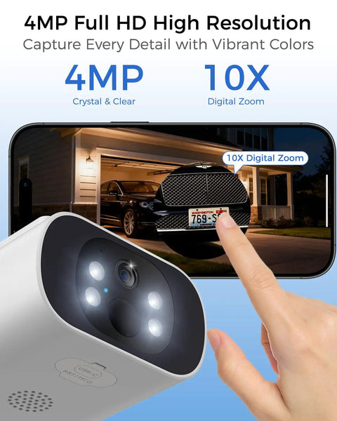 Solar Wireless Outdoor Security Camera Kit For Home, 4MP System viewing car license plate with color night vision.