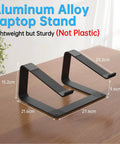 Aluminum alloy laptop stand on a desk, measuring 27.6cm x 21.6cm, titled 'Built To Last Durable Metal Laptop Stand For Desk 10 To 16 Inch Laptops Portable Riser With Adjustable Height Notebook Holder For MacBook Air Pro Dell HP Lenovo And More Black Desk Accessory,' ideal for 10-16 inch laptops.